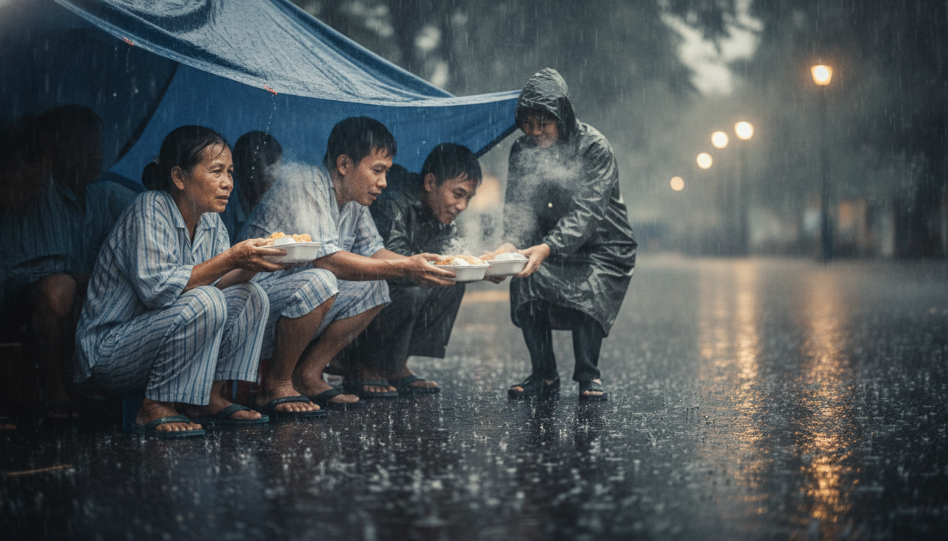500 suất cơm 0 đồng trong ngày mưa tại BV Ung Bướu